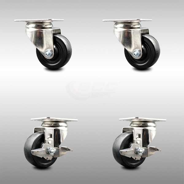 3 Inch 316SS Hard Rubber Wheel Swivel Top Plate Caster Brakes SCC, 2PK